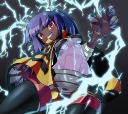 Rule 34 | 1girl, a-tuy, android, black skin, blush, breasts, claws, colored skin, dynatron (mighty no. 9), electricity, female focus, grin, highres, light bulb, mighty no. 9, open clothes, purple hair, red eyes, sharp teeth, short shorts, shorts, smile, solo, teeth, unbuttoned