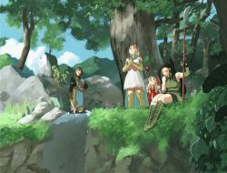 Rule 34 | 1boy, 3girls, alternate costume, animal ears, animated, animated gif, black hair, blonde hair, blue sky, boots, day, dragon quest, dragon quest xi, grass, hero (dq11), martina (dq11), motteux, multiple girls, naginata, official alternate costume, outdoors, own hands together, polearm, ponytail, senya (dq11), sitting, sky, smile, staff, standing, sword, tiara, tree, veronica (dq11), water, waterfall, weapon