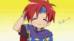 Rule 34 | 00s, 1boy, cape, closed eyes, fire emblem, fire emblem: the binding blade, hand in own hair, headband, lowres, lucky star, male focus, nintendo, red hair, roy (fire emblem), smile, solo, super smash bros., text focus, wristband, yellow background