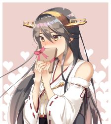 Rule 34 | 10s, 1girl, bad id, bad pixiv id, black hair, blush, brown eyes, collarbone, covering own mouth, detached sleeves, eko, gift, hair between eyes, hair ornament, hairclip, haruna (kancolle), headgear, heart, heart background, holding, holding gift, kantai collection, long hair, looking to the side, nontraditional miko, pink background, ribbon-trimmed sleeves, ribbon trim, solo, valentine, wide sleeves