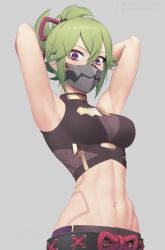 Rule 34 | 1girl, armpits, arms up, bare arms, bare shoulders, black shirt, breasts, commentary request, crop top, genshin impact, green hair, grey background, hair between eyes, kuki shinobu, large breasts, looking at viewer, mask, midriff, mouth mask, navel, ponytail, purple eyes, putcher, shirt, short hair, simple background, sleeveless, sleeveless shirt, solo, stomach, upper body