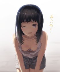 Rule 34 | 1girl, bad id, bad pixiv id, bare shoulders, bent over, black hair, blue shorts, bra, bra strap, breasts, brown eyes, cleavage, commentary, downblouse, extended downblouse, g-sammy, gradient background, leaning forward, looking at viewer, medium hair, one eye closed, open mouth, original, ribbed shirt, shirt, short shorts, shorts, small breasts, smile, solo, summer, sweat, sweatdrop, tank top, translated, underwear, white background, white bra, white tank top
