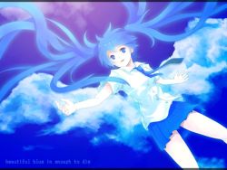 Rule 34 | 1girl, blue eyes, blue hair, blue necktie, blue skirt, blue sky, cloud, cloudy sky, collared shirt, english text, engrish text, fake wings, falling, floating hair, hatsune miku, long hair, long twintails, matching hair/eyes, miniskirt, necktie, outdoors, parted lips, pleated skirt, ranguage, shirt, short sleeves, skirt, sky, solo, tomsan, twintails, very long hair, vocaloid, white shirt, wings