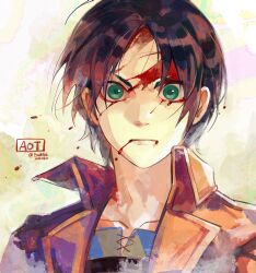 Rule 34 | 1boy, artist name, black hair, bleeding, bleeding from forehead, blood, blood drop, blood from mouth, blood on face, brown jacket, collarbone, collared jacket, copyright name, eren yeager, eromkk, green eyes, highres, jacket, looking at viewer, male focus, portrait, shingeki no kyojin, short hair, signature, simple background, solo, straight-on, white background, wide-eyed