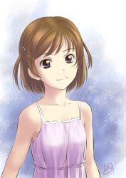 Rule 34 | 1girl, bare shoulders, blue eyes, brown hair, collarbone, dress, female focus, flat chest, frills, gradient background, hair ornament, hairclip, looking at viewer, mcq, original, short hair, short twintails, sleeveless, sleeveless dress, smile, solo, spaghetti strap, twintails, two side up, upper body, white background