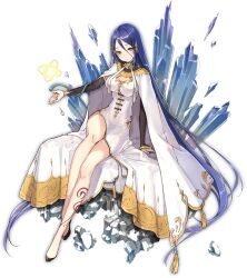 Rule 34 | 1girl, ark order, black footwear, blue hair, blush, bracelet, breasts, butterfly hair ornament, cape, cleavage cutout, closed mouth, clothing cutout, detached sleeves, dress, full body, gold trim, hair ornament, hair tubes, ice, jewelry, kamon (shinshin), large breasts, leg tattoo, long hair, long sleeves, looking at viewer, magic, nuwa (ark order), official art, shoes, sidelocks, sitting, smile, solo, tachi-e, tassel, tattoo, toe cleavage, transparent background, very long hair, white cape, white dress, yellow eyes