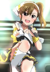 Rule 34 | 1girl, :d, arm strap, boots, bracelet, brown eyes, brown hair, collarbone, dars (recolors), fingerless gloves, futami mami, gloves, hair between eyes, hairband, holding, holding microphone, idol, idolmaster, idolmaster (classic), index finger raised, jewelry, knee boots, long hair, looking at viewer, microphone, miniskirt, necklace, on one knee, open mouth, shiny skin, side ponytail, sketch, skirt, smile, solo, stage, white footwear, white gloves, white hairband