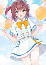 Rule 34 | 1girl, aqua eyes, balloon, belt, belt buckle, blush, bow, bowtie, brown hair, buckle, buttons, collared dress, cowboy shot, double-breasted, dress, hair between eyes, hair tie, hat, highres, holding, hololive, light blue dress, looking at viewer, medium hair, monon tulle, natsuiro matsuri, open mouth, orange bow, orange bowtie, pocket, round teeth, sailor hat, short sleeves, side ponytail, sky, smile, solo, teeth, virtual youtuber, wind, wind lift