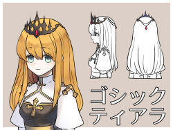 Rule 34 | 1girl, arch bishop (ragnarok online), arrow cross, blonde hair, blue eyes, breasts, bright pupils, brown background, brown dress, cleavage cutout, closed mouth, clothing cutout, colored eyelashes, commentary request, cross, crown, dress, gem, hair between eyes, juliet sleeves, kusabi (aighe), long bangs, long hair, long sleeves, looking at viewer, multiple views, outside border, puffy sleeves, ragnarok online, red gemstone, simple background, small breasts, smile, translation request, two-tone dress, upper body, white dress, white pupils