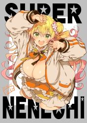 Rule 34 | 1girl, blonde hair, breasts, character name, cleavage, cleavage cutout, clothing cutout, fbc, flower, green eyes, grey background, hair between eyes, hair bun, hair flower, hair ornament, hololive, jacket, large breasts, long hair, long sleeves, looking at viewer, momosuzu nene, open mouth, signature, solo, star (symbol), virtual youtuber