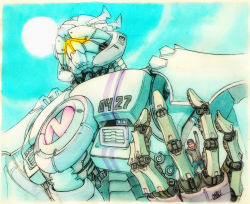Rule 34 | 10s, 1boy, highres, isaki tanaka, machine, mecha, neptune (series), robot, size difference, sketch, sun, traditional media
