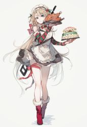 Rule 34 | 1girl, apron, aqua eyes, bare legs, bell, blonde hair, boots, bow, braid, braided bangs, breasts, cake, carrying food, christmas cake, cleavage, collar, crown braid, detached collar, detached sleeves, dress, english text, floating clothes, food, french braid, full body, g36 (girls&#039; frontline), girls&#039; frontline, gradient hair, gun, gun sling, hair between eyes, hands up, head tilt, highres, holly, imoko (imonatsuki), large bow, large breasts, leg ribbon, light smile, long hair, looking at viewer, maid apron, maid headdress, multicolored hair, muzzle device, neck bell, no socks, parted lips, ribbon, ribbon-trimmed dress, santa boots, silver hair, simple background, sketch, solo, spaghetti strap, standing, striped, striped sleeves, swept bangs, thigh strap, tray, turkey (food), very long hair, walking, weapon, weapon on back, white background, wind, wind lift