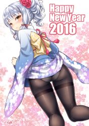 Rule 34 | 10s, 1girl, 2016, ass, blush, bow, brown eyes, brown pantyhose, clothes lift, floral background, floral print, flower, from behind, hair flower, hair ornament, hair ribbon, happy new year, japanese clothes, kantai collection, kase daiki, kimono, kimono lift, long sleeves, looking at viewer, looking back, murakumo (kancolle), new year, obi, panties, panties under pantyhose, pantyhose, ponytail, ribbon, sash, short hair, signature, silver hair, solo, thighband pantyhose, underwear, wavy mouth, white panties, wide sleeves, yellow bow