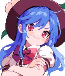 Rule 34 | 1girl, ahiru tokotoko, black hat, blue hair, buttons, center frills, closed mouth, crossed arms, frills, fruit hat ornament, hat, hat ornament, highres, hinanawi tenshi, long hair, peach hat ornament, pixel art, puffy short sleeves, puffy sleeves, red eyes, shirt, short sleeves, simple background, smug, solo, touhou, upper body, white background, white shirt
