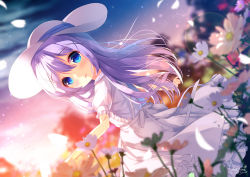 Rule 34 | 1girl, :d, apron, blue eyes, blue shirt, blurry, blurry background, blurry foreground, blush, chinomaron, commentary request, depth of field, dutch angle, field, flower, flower field, frilled apron, frills, gochuumon wa usagi desu ka?, hair between eyes, hair ornament, hat, kafuu chino, long hair, looking at viewer, looking to the side, open mouth, outdoors, petals, puffy short sleeves, puffy sleeves, purple hair, shirt, short sleeves, signature, sky, smile, solo, standing, sun hat, sunset, very long hair, white apron, white flower, white hat, x hair ornament