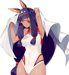Rule 34 | 1girl, animal ears, bare shoulders, bed sheet, breasts, clothing cutout, competition swimsuit, covered navel, cowboy shot, dark-skinned female, dark skin, earrings, facial mark, fate/grand order, fate (series), frown, hair between eyes, hair rings, hairband, highres, hoop earrings, jewelry, large breasts, long hair, looking at viewer, low-tied long hair, nitocris (fate), nitocris (fate/grand order), nitocris (swimsuit assassin) (fate), nitocris (swimsuit assassin) (second ascension) (fate), one-piece swimsuit, purple eyes, purple hair, see-through, side cutout, simple background, solo, swimsuit, tuxedo de cat, very long hair, white background, white one-piece swimsuit