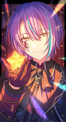 Rule 34 | 1boy, black bow, black bowtie, black jacket, blue hair, bow, bowtie, closed mouth, facial mark, gloves, hand up, highres, jacket, kamishiro rui, looking at viewer, male focus, multicolored hair, project sekai, purple hair, red gloves, sekina, smile, solo, streaked hair, two-tone hair, upper body, yellow eyes