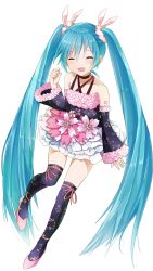 Rule 34 | 1girl, absurdres, alternate costume, aqua hair, black thighhighs, detached sleeves, closed eyes, full body, hatsune miku, highres, long hair, number tattoo, open mouth, scrunchie, simple background, solo, tattoo, thighhighs, tsukiringo, twintails, very long hair, vocaloid, white background