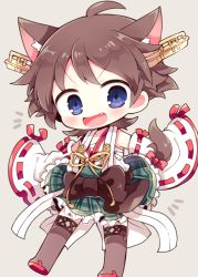 Rule 34 | &gt;:d, 10s, 1girl, :d, ahoge, animal ears, bad id, bad pixiv id, beige background, blue eyes, blush, boots, bow, brown hair, cat ears, cat tail, chibi, detached sleeves, fang, green skirt, headgear, hiei (kancolle), kantai collection, kemonomimi mode, kyou (nekoneko), long sleeves, looking at viewer, nontraditional miko, open mouth, plaid, plaid skirt, ribbon-trimmed sleeves, ribbon trim, sarashi, short hair, simple background, skirt, smile, solo, tail, tail bow, tail ornament, thigh boots, thighhighs, v-shaped eyebrows