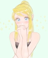 Rule 34 | 1girl, aqua background, bare arms, bare shoulders, blonde hair, blue eyes, blush, blush stickers, breasts, covering own mouth, covering privates, eyelashes, fingernails, fullmetal alchemist, highres, long hair, looking at viewer, medium breasts, own hands clasped, own hands together, ozaki (tsukiko3), ponytail, simple background, solo, sparkle, sparkle background, strapless, tube top, upper body, winry rockbell
