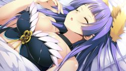 Rule 34 | 1girl, bare shoulders, bed, bed sheet, blue hair, blush, breasts, choker, cleavage, closed eyes, game cg, large breasts, long hair, lying, maou no kuse ni namaiki da!, maou no kuse ni namaiki da! 2 ~kondo wa seisen da!~, open mouth, pillow, sleeping, solo