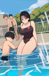 1girl 3boys age_difference akiyama_minato_(pepper0) akiyama_yuko_(pepper0) black_hair black_one-piece_swimsuit black_shorts blue_eyes blue_sky breasts brown_hair building child cloud day faceless faceless_male highleg highleg_one-piece_swimsuit highres large_breasts legs_together looking_at_viewer looking_back looking_down mother_and_son multiple_boys one-piece_swimsuit original outdoors partially_submerged pepper0 pool railing short_hair shorts sitting sitting_on_hand sky smile splashing standing striped_clothes striped_shorts swim_cap swimsuit topless_male tree walking water worried