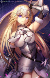 Rule 34 | 1girl, arm up, armor, armored dress, armpits, bad id, bad pixiv id, bare shoulders, blonde hair, blue eyes, braid, breastplate, breasts, chest plate, detached sleeves, dress, fate/apocrypha, fate/grand order, fate (series), faulds, gauntlets, hair between eyes, headpiece, hisahisahisahisa, jeanne d&#039;arc (fate), jeanne d&#039;arc (ruler) (fate), jeanne d&#039;arc (third ascension) (fate), large breasts, long hair, md5 mismatch, purple eyes, resolution mismatch, revision, serious, single braid, solo, sword, thighhighs, weapon
