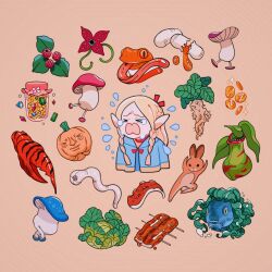Rule 34 | 1girl, blonde hair, blue capelet, bow, braid, capelet, choker, coin, crab claw, crying, dungeon meshi, elf, food, frog, fruit, hair bow, highres, jam, jar, lettuce, mandrake, marcille crying (meme), marcille donato, meme, meyoco, monster, parasite, pointy ears, ponytail, pumpkin, rabbit, raspberry, red bow, red choker, tentacles, walking mushroom (dungeon meshi)