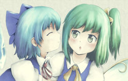 Rule 34 | 2girls, :o, ^ ^, blue hair, blush, bow, cirno, daiyousei, closed eyes, fairy, fairy wings, from side, green eyes, green hair, hair bow, knj, multiple girls, open mouth, profile, side ponytail, embodiment of scarlet devil, touhou, upper body, wings, yuri