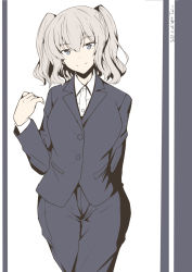 Rule 34 | 1girl, alternate costume, artist name, black jacket, black pants, black suit, closed mouth, cowboy shot, dated, formal, grey eyes, grey hair, highres, jacket, kantai collection, kashima (kancolle), long sleeves, looking at viewer, pants, simple background, solo, suit, taira yuuki, twintails, white background