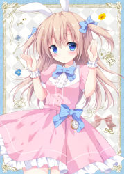 Rule 34 | 1girl, animal ears, argyle, argyle background, argyle clothes, bad id, bad pixiv id, blue background, blue bow, blue bowtie, blue eyes, blush, bow, bowtie, breasts, closed mouth, collared dress, commentary request, cowboy shot, dress, flower, framed, frilled cuffs, frilled dress, frills, hair bow, izuminanase, light brown hair, long hair, original, pink dress, pocket watch, rabbit ears, rabbit pose, small breasts, smile, solo, spoon, standing, striped bow, striped bowtie, striped clothes, striped neckwear, sunflower, two side up, watch, wing collar, wrist cuffs