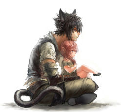 Rule 34 | 10s, 1boy, 1girl, animal ears, artist name, bare legs, black hair, blue eyes, cat ears, closed mouth, crossed arms, crossover, fenbei, final fantasy, final fantasy xiii, final fantasy xiv, final fantasy xv, from side, full body, gloves, height difference, highres, lalafell, lightning farron, miqo&#039;te, noctis lucis caelum, pink hair, pointy ears, profile, simple background, sitting, size difference, spiked hair, tail, white background