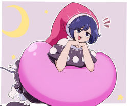 Rule 34 | 1girl, alt text, black capelet, blue eyes, blue hair, blush, border, capelet, commission, crescent moon, doremy sweet, dream soul, hair between eyes, hat, moon, nightcap, open mouth, pom pom (clothes), red hat, shio (futatsumami), short hair, skeb commission, smile, solo, star (symbol), tail, tapir tail, touhou, white border