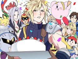 1girl armor black_hair blonde_hair blue_eyes blush brown_hair cake captain_falcon castlevania_(series) chest_strap closed_eyes closed_mouth cloud_strife commentary_request confetti creatures_(company) f-zero final_fantasy final_fantasy_vii food fruit game_freak gen_1_pokemon gen_2_pokemon gloves grey_hair happy high_collar highres holding holding_cake holding_food jigglypuff kirby kirby_(series) long_bangs long_hair male_focus mario_(series) meta_knight mother_(series) mother_2 multiple_boys musical_note mypenmha6563109 mythra_(xenoblade) ness_(mother_2) nintendo one_eye_closed open_mouth pac-man pac-man_(game) pants parted_bangs pauldrons pichu piranha_plant pokemon pokemon_(creature) richter_belmont sephiroth shirt short_hair shoulder_armor shulk_(xenoblade) single_shoulder_pad sleeveless sleeveless_turtleneck smile spiked_hair strawberry strawberry_cake super_smash_bros. suspenders sweatdrop turtleneck upper_body white_background xenoblade_chronicles_(series)