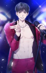 Rule 34 | 1boy, bare pectorals, black hair, blue eyes, chain necklace, collarbone, cowboy shot, fabulous, finger gun, grin, hands up, highres, holding, holding microphone, jacket, jewelry, light particles, lights, looking at viewer, male focus, microphone, microphone stand, navel, necklace, nipples, no shirt, open clothes, open jacket, original, pants, pectorals, pointing, pointing at viewer, red jacket, red pants, saen, short hair, smile, solo, sparkle, standing, toned, toned male