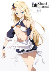 Rule 34 | 1girl, abigail williams (fate), absurdres, adapted costume, apron, artist request, bare shoulders, black bow, black skirt, blonde hair, blue eyes, blush, bow, breasts, closed mouth, collarbone, copyright name, dress, fate/grand order, fate (series), forehead, hair bow, halterneck, highres, long hair, looking at viewer, multiple bows, navel, orange bow, parted bangs, ribbed dress, skirt, small breasts, stuffed animal, stuffed toy, teddy bear, thighs, waist apron, white apron