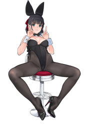 Rule 34 | 1girl, animal ears, black footwear, black hair, black pantyhose, blue eyes, bow, bowtie, breasts, cleavage, detached collar, double v, fake animal ears, high heels, leotard, looking at viewer, mibu natsuki, original, pantyhose, parted lips, patent heels, playboy bunny, pumps, rabbit ears, shoes, simple background, sitting, solo, spread legs, stiletto heels, stool, v, white background, wrist cuffs