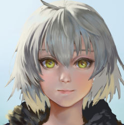 Rule 34 | 1girl, ahoge, bad id, bad pixiv id, blue background, commentary request, fate/grand order, fate (series), fur trim, jeanne d&#039;arc (fate), jeanne d&#039;arc alter (avenger) (fate), jeanne d&#039;arc alter (fate), lips, nompang, nose, portrait, silver hair, smile, solo, upper body, yellow eyes
