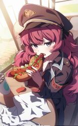 Rule 34 | 1girl, armband, black shirt, blue archive, blush, collared shirt, commentary, eating, from above, grey eyes, hat, hot dog, indoors, iroha (blue archive), jacket, liyom, long hair, loose necktie, military, military hat, military jacket, military uniform, necktie, open mouth, peaked cap, pink hair, red armband, red necktie, shirt, solo, sweatdrop, symbol-only commentary, uniform, wavy hair