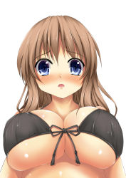 Rule 34 | 1girl, :o, bikini, black bikini, blue eyes, blush, breasts, brown hair, cleavage, close-up, front-tie top, frown, highres, hoshizuki (seigetsu), jpeg artifacts, large breasts, long hair, looking at viewer, original, shiny skin, simple background, skindentation, solo, swimsuit, underboob, upper body, white background
