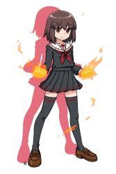 Rule 34 | &gt;:), 1girl, black serafuku, black shirt, black skirt, black thighhighs, brown eyes, brown footwear, brown hair, clenched hands, closed mouth, colored shadow, commentary request, commission, drop shadow, fire, flaming hand, full body, hair between eyes, highres, loafers, looking at viewer, muu (mumumer), neckerchief, original, pleated skirt, red neckerchief, sailor collar, school uniform, serafuku, shadow, shirt, shoes, simple background, skeb commission, skirt, smile, solo, standing, thighhighs, v-shaped eyebrows, white background, white sailor collar