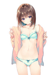 Rule 34 | 1girl, aqua bra, aqua nails, aqua panties, bare shoulders, bow, bow panties, bra, breasts, breasts apart, brown hair, closed mouth, collarbone, commentary request, cowboy shot, gluteal fold, head tilt, highres, jacket, legs apart, light smile, long sleeves, looking at viewer, medium hair, miwabe sakura, mole, nail polish, navel, open clothes, open jacket, orange jacket, original, panties, pink eyes, simple background, small breasts, solo, standing, stomach, thighs, underwear, white background, zipper