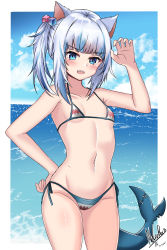 Rule 34 | 1girl, :d, animal ears, artist name, bare arms, bare shoulders, bikini, blue hair, blue ribbon, blue sky, blunt bangs, blush, border, breasts, breasts apart, cameltoe, cat ears, claw pose, collarbone, covered erect nipples, cowboy shot, cube hair ornament, day, fins, fish tail, gawr gura, hair ornament, hand on own hip, highres, hololive, hololive english, long hair, looking at viewer, micro bikini, multicolored bikini, multicolored clothes, multicolored hair, navel, nekobox, ocean, open mouth, outdoors, outside border, ribbon, shark tail, sharp teeth, side-tie bikini bottom, side ponytail, signature, silver hair, sky, small breasts, smile, solo, stomach, streaked hair, swimsuit, tail, teeth, two-tone hair, upper teeth only, v-shaped eyebrows, virtual youtuber, water, white border