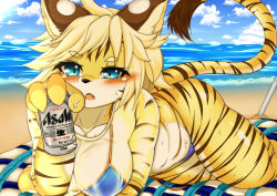 Rule 34 | 1girl, alcohol, animal ears, artist request, beach, beer, bikini, blonde hair, blue bikini, blue eyes, blue sky, blush, breasts, can, cleavage, cloud, collarbone, day, fang, female focus, fullbokko heroes, furry, furry female, hand up, highres, large breasts, looking at viewer, lying, navel, ocean, on side, open mouth, outdoors, shiny skin, sky, solo, swimsuit, tail, teeth, tiger, towel, water, wet, zhang fei (fullbokko heroes)