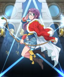Rule 34 | 10s, 1girl, adjusting eyewear, black footwear, blue-framed eyewear, blue skirt, boots, bow (weapon), cape, coat, full body, glasses, green eyes, hand up, highres, hoshimi junna, indoors, long hair, looking at viewer, mannequin, midair, purple hair, red coat, rurie (lourie), salute, shoujo kageki revue starlight, skirt, smile, solo, stage lights, uniform, weapon, white cape, window