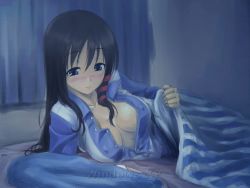 Rule 34 | 1girl, bed, bed invitation, bed sheet, black hair, blue eyes, blush, breasts, character name, cleavage, come hither, covered erect nipples, lifting covers, long hair, long sleeves, lying, medium breasts, michael f91, no bra, on side, open clothes, open shirt, os-tan, pillow, sheet grab, shirt, solo, under covers, wallpaper, xp-tan