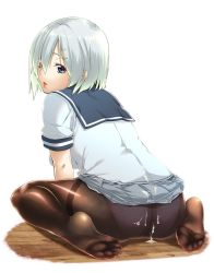 Rule 34 | 10s, 1girl, ass, between legs, blouse, blue eyes, brown pantyhose, clothes lift, crotch seam, cum, cum on clothes, feet, from behind, full body, grey skirt, hair between eyes, hair ornament, hair over one eye, hairclip, hamakaze (kancolle), hand between legs, kantai collection, leaning forward, looking at viewer, looking back, minakuchi takashi, no shoes, on ground, panties, panties under pantyhose, pantyhose, parted lips, pink panties, pleated skirt, polka dot, polka dot panties, red lips, sailor collar, school uniform, see-through, serafuku, shiny clothes, shirt, short hair, short sleeves, silver hair, simple background, sitting, skirt, skirt lift, sleeve cuffs, smile, soles, solo, spread legs, thighband pantyhose, toes, underwear, wariza, white background, white shirt