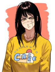 Rule 34 | 1girl, absurdres, among us, black hair, chainsaw man, crewmate (among us), facial scar, hanny (uirusu chan), highres, long hair, long sleeves, looking at viewer, ringed eyes, scar, scar on cheek, scar on face, shirt, simple background, solo, white background, yellow eyes, yoru (chainsaw man)