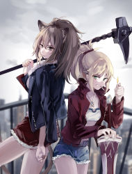 Rule 34 | 2girls, animal ears, arknights, bandeau, belt, black jacket, blonde hair, breasts, brown eyes, brown hair, cigarette, clarent (fate), cloud, cloudy sky, commentary request, cowboy shot, crossover, cutoffs, denim, denim shorts, fate/apocrypha, fate (series), fur-trimmed jacket, fur trim, green eyes, grin, hair between eyes, hair ornament, hair scrunchie, hammer, hand up, highres, holding, holding hammer, holding weapon, jacket, jewelry, lighter, lion ears, long hair, long sleeves, looking at viewer, midriff, mordred (fate), mordred (fate/apocrypha), mordred (memories at trifas) (fate), mouth hold, multiple girls, open clothes, open jacket, outdoors, pendant, planted, planted sword, planted weapon, ponytail, red jacket, red scrunchie, red shorts, scrunchie, short shorts, shorts, sidelocks, siege (arknights), sky, small breasts, smile, standing, strapless, sword, thighs, trait connection, tube top, weapon, yorktown cv-5