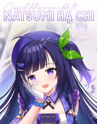 Rule 34 | 1girl, ahoge, blunt bangs, blush, congratulations, detached collar, eggplant, fang, gloves, hand on own face, hat, highres, long hair, natsumi hachi, nijigen project, nina ermintrude, open mouth, purple eyes, purple hair, side ponytail, smile, solo, vietnamese text, virtual youtuber, white gloves